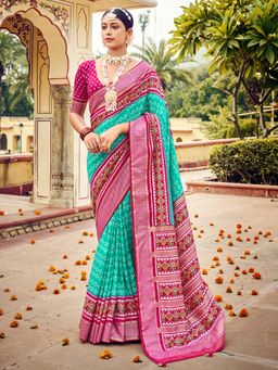 Akhilam - Womens Tussar Silk Blue Printed Designer Saree with Unstitched Blouse
