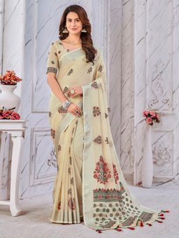Akhilam - Womens Linen Blend Cream Woven Designer Saree with Unstitched Blouse