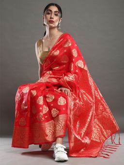 Akhilam - Womens Silk Blend Red Woven Designer Saree with Unstitched Blouse