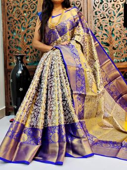 Akhilam - Womens Silk Blend Gold Woven Designer Saree with Unstitched Blouse