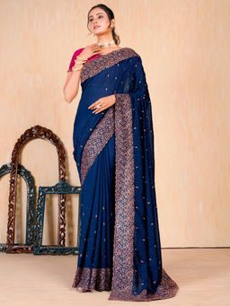 Akhilam - Womens Vichitra Silk Navy Blue Embellished Designer Saree with Unstitched Blouse