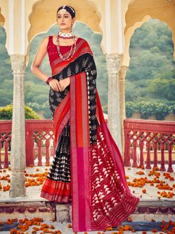 Sareemall - Womens Tussar Silk Black Printed Designer Saree with Unstitched Blouse
