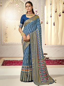 Akhilam - Womens Tussar Silk Navy Blue Printed Designer Saree with Unstitched Blouse