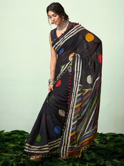 Akhilam - Womens Cotton Blend Black Printed Celebrity Saree with Unstitched Blouse