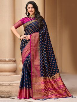 Akhilam - Womens Silk Blend Navy Blue Woven Designer Saree with Unstitched Blouse