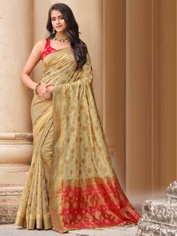 Akhilam - Womens Silk Blend Beige Woven Designer Saree with Unstitched Blouse