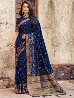 Akhilam - Womens Silk Blend Navy Blue Woven Designer Saree with Unstitched Blouse