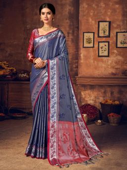Akhilam - Womens Silk Blend Navy Blue Woven Designer Saree with Unstitched Blouse