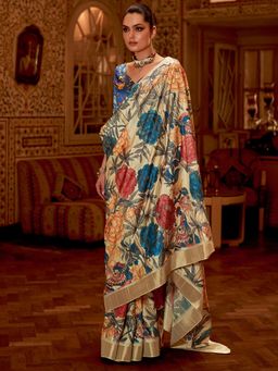 Sareemall - Womens Silk Blend Cream Printed Design Celebrity Saree with Unstitched Blouse