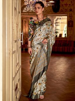 Sareemall - Womens Silk Blend Off White Printed Design Celebrity Saree with Unstitched Blouse
