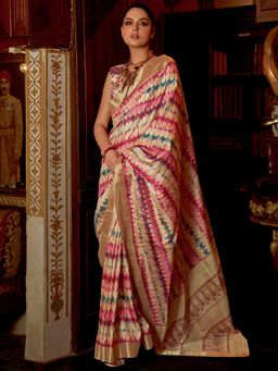 Sareemall - Womens Silk Blend Cream Printed Design Celebrity Saree with Unstitched Blouse