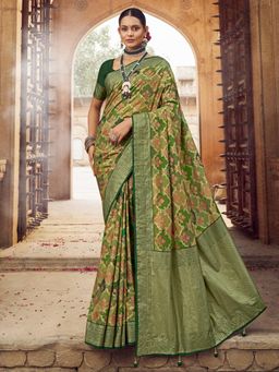 Sareemall - Womens Silk Blend Olive Woven Designer Saree with Unstitched Blouse