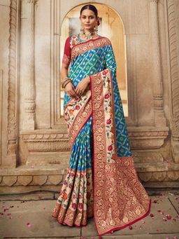 Sareemall - Womens Silk Blend Blue Woven Designer Saree with Unstitched Blouse