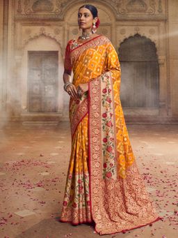 Sareemall - Womens Silk Blend Yellow Woven Designer Saree with Unstitched Blouse