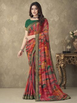 Akhilam - Womens Chiffon Pink Printed Designer Saree with Unstitched Blouse