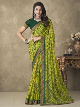 Akhilam - Womens Chiffon Light Green Printed Designer Saree with Unstitched Blouse