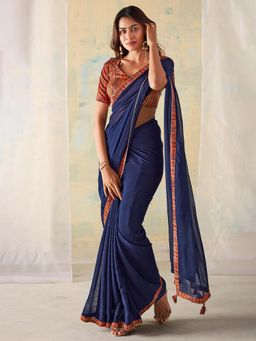 Akhilam - Womens Georgette Navy Blue Printed Designer Saree with Unstitched Blouse
