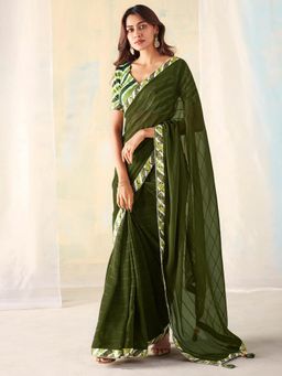 Akhilam - Womens Georgette Olive Printed Designer Saree with Unstitched Blouse