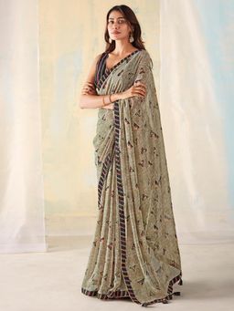 Akhilam - Womens Georgette Grey Printed Designer Saree with Unstitched Blouse