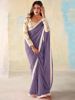 Sareemall - Womens Georgette Purple Embellished Designer Saree with Unstitched Blouse