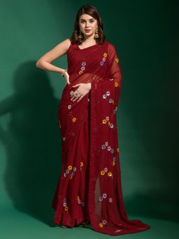 Akhilam - Womens Georgette Maroon Embellished Designer Saree with Unstitched Blouse
