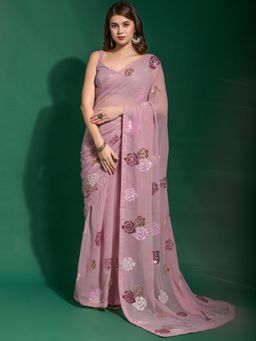 Akhilam - Womens Georgette Mauve Embellished Designer Saree with Unstitched Blouse