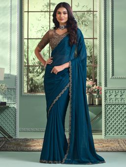 Akhilam - Womens Georgette Teal Blue Embellished Designer Saree with Unstitched Blouse
