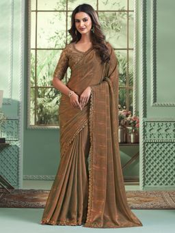 Akhilam - Womens Georgette Bronze Embellished Designer Saree with Unstitched Blouse