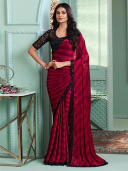 Akhilam - Womens Satin Silk Pink Embellished Designer Saree with Unstitched Blouse