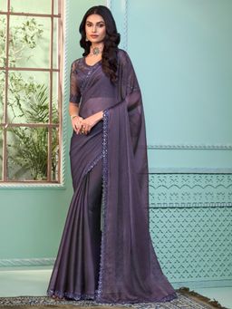 Akhilam - Womens Georgette Purple Embellished Designer Saree with Unstitched Blouse