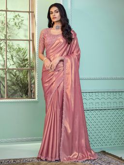 Akhilam - Womens Georgette Pink Embellished Designer Saree with Unstitched Blouse