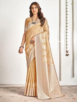 Akhilam - Womens Cotton Beige Woven Designer Saree with Unstitched Blouse