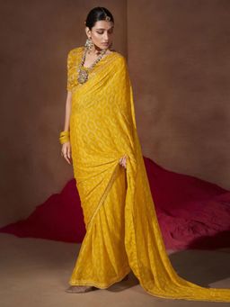 Akhilam - Womens Chiffon Yellow Embellished Designer Saree with Unstitched Blouse