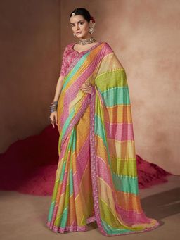 Akhilam - Womens Chiffon Multi-Color Embellished Designer Saree with Unstitched Blouse