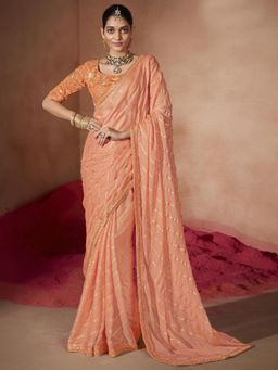 Akhilam - Womens Chiffon Peach Embellished Designer Saree with Unstitched Blouse