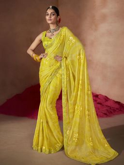 Akhilam - Womens Chiffon Lemon Yellow Embellished Designer Saree with Unstitched Blouse