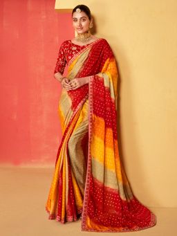 Sareemall - Womens Chiffon Red Embellished Designer Saree with Unstitched Blouse