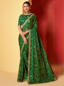 Akhilam - Womens Chiffon Green Embellished Designer Saree with Unstitched Blouse