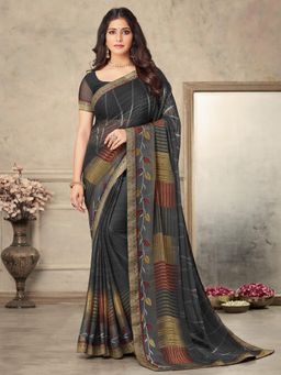 Akhilam - Womens Chiffon Black Printed Designer Saree with Unstitched Blouse