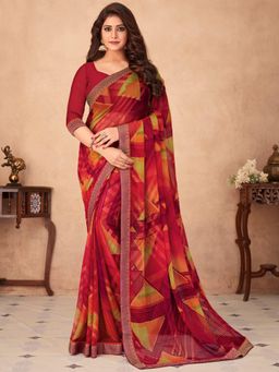 Akhilam - Womens Chiffon Maroon Printed Designer Saree with Unstitched Blouse
