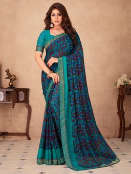 Akhilam - Womens Chiffon Blue Printed Designer Saree with Unstitched Blouse