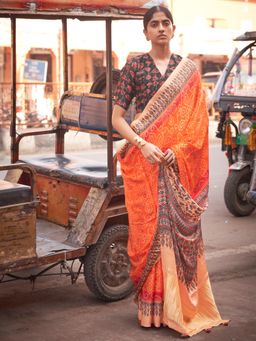 Sareemall - Womens Viscose Silk Orange Printed Designer Saree with Unstitched Blouse