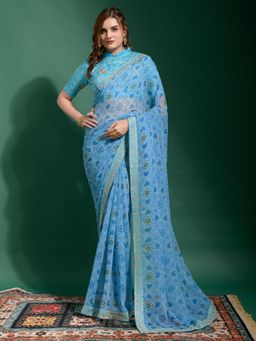 Akhilam - Womens Georgette Blue Printed Designer Saree with Unstitched Blouse
