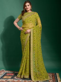 Akhilam - Womens Georgette Light Green Printed Designer Saree with Unstitched Blouse