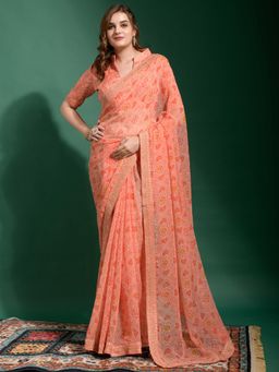 Akhilam - Womens Georgette Peach Printed Designer Saree with Unstitched Blouse