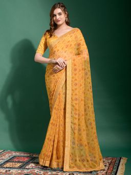 Akhilam - Womens Georgette Yellow Printed Designer Saree with Unstitched Blouse