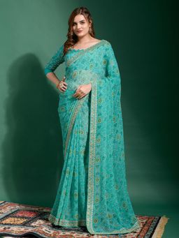 Akhilam - Womens Georgette Blue Printed Designer Saree with Unstitched Blouse