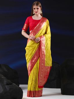 Sareemall - Womens Silk Blend Lemon Yellow Woven Designer Saree with Unstitched Blouse
