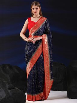 Sareemall - Womens Silk Blend Navy Blue Woven Designer Saree with Unstitched Blouse