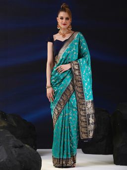 Sareemall - Womens Silk Blend Blue Woven Designer Saree with Unstitched Blouse